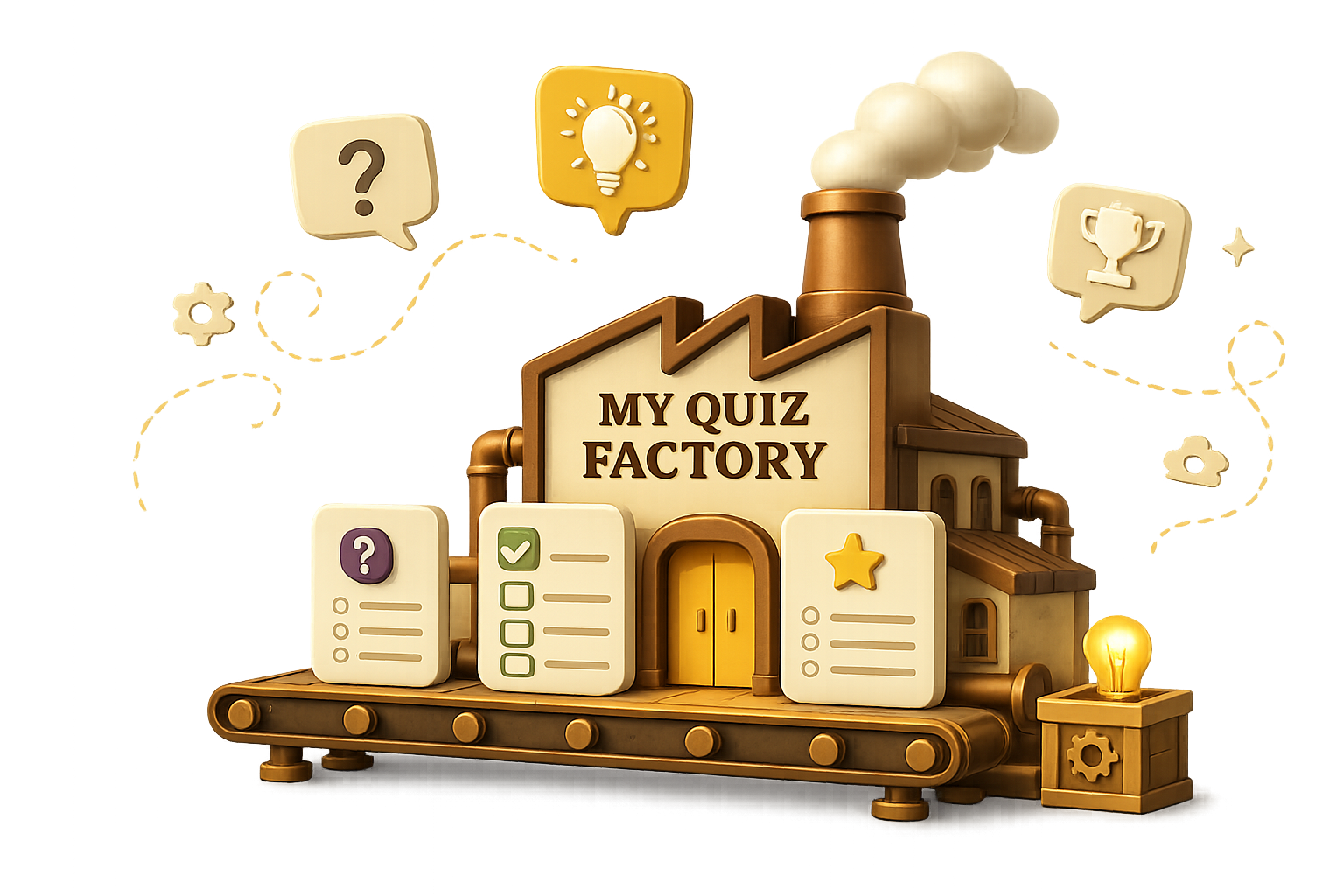 Illustration der My Quiz Factory mit Quizkarten, Fragezeichen und Pokal